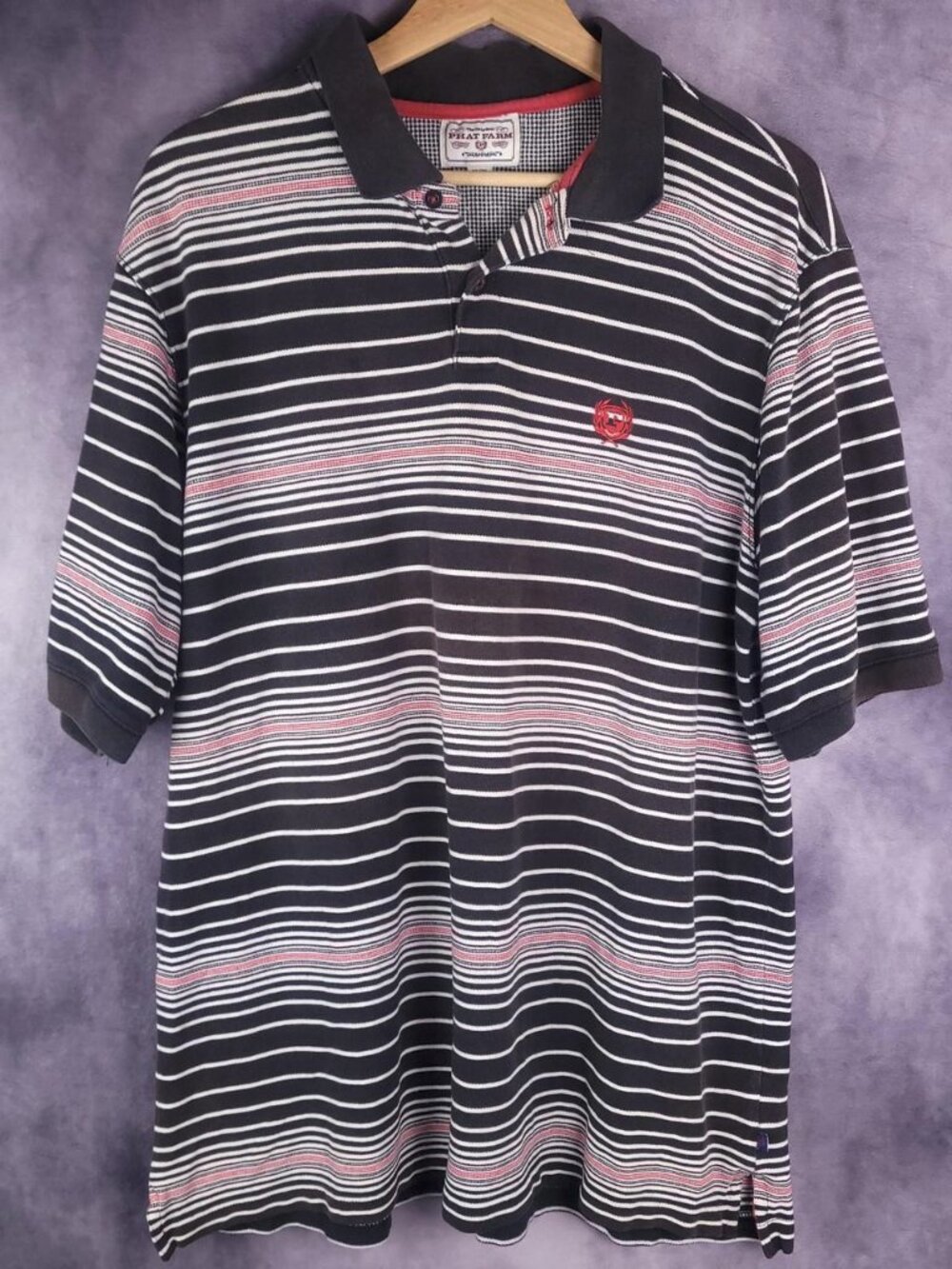 Phat Farm black red white embroidered pique stitch Y2K faded baggy polo shirt